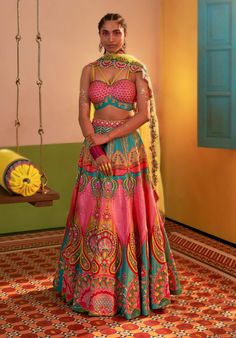 Siddhartha Bansal-Mastani Pink Embroidered Lehenga Set-INDIASPOPUP.COM Siddhartha Bansal, Bustier Blouse, Sequin Lehenga, Pink Ocean, Green Lehenga, Royalty Aesthetic, Electric Green, Embroidered Lehenga, Fancy Jewellery