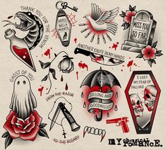 an assortment of tattoos on paper with words and images written in red, black and white