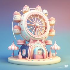 a pink and white ferris wheel with lots of cupcakes on it's sides