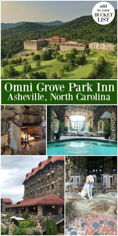 an advertisement for the omni grove park inn in nashville, north carolina with images of hotels and pools