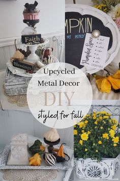 upcycled metal decor diy styled for fall with yellow flowers and pumpkins