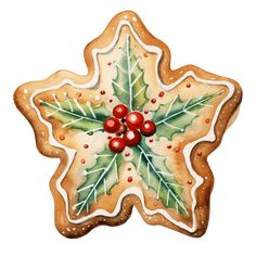 a decorated cookie with holly and berries on it