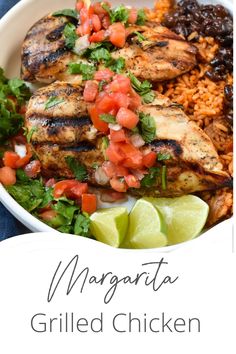 grilled chicken with cilantro, tomatoes and rice in a white bowl on a blue table cloth