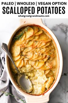 a bowl filled with potato salad and topped with a serving spoon in it, text reads paleo whole 30 vegan option scallped potatoes