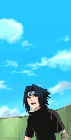 an anime character is standing in front of a green wall and blue sky with clouds