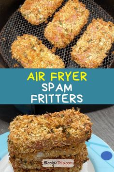 air fryer spam fritters are stacked on top of each other in front of a grill