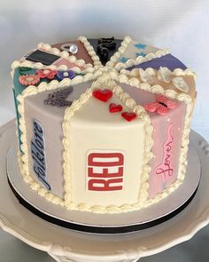 there is a cake that has been decorated with different things on it and the words bed written in red