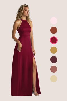 a woman in a long red dress is standing with her legs crossed and the color swatches behind her