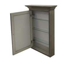 an open medicine cabinet with shelves and glass doors on the front, isolated against a white background