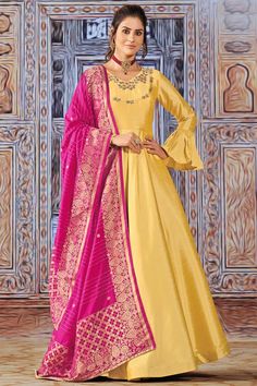 Beguiling Yellow Color Art Silk Fabric Savvy Suri Anarkali Suit With Contrast Dupatta Yellow Anarkali Suits, Contrast Dupatta, Yellow Anarkali, Silk Anarkali Suits, Yellow Suit, Look Festival, Contrast Dress, Anarkali Gown, Utsav Fashion