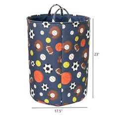 a large storage bag with balls and soccers on it, measurements for the size