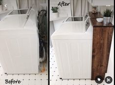 before and after pictures of a washer and dryer in a bathroom with white tile flooring