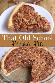 an old - school pecan pie is cut into slices and served on a plate