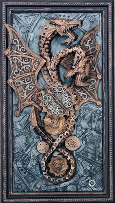 a dragon made out of gears and other things in a wooden frame on the wall