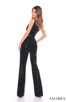 Be a trendsetter in this sequined one shoulder jumpsuit by Amarra 88136. Crafted with meticulous attention to detail, this one-shoulder jumpsuit features a fitted bodice that accentuates your curves, while a subtle cinch at the waist adds definition and flair. With flared-leg pants that elongate the silhouette, this ensemble promises to turn heads wherever you go. Adorned with delicate sequins, it adds a touch of shimmer and sparkle to your look, ensuring you shine bright at any occasion. Linear White Rehearsal Dress, 1500 Dresses, Prom Jumpsuit, Girls Communion Dresses, Military Ball Dresses, Rehearsal Dinner Dresses, Sequin Jumpsuit, One Shoulder Jumpsuit, Royal Colors