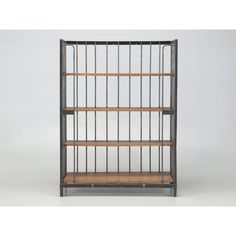 an iron and wood bookcase with four shelves on each side, in the shape of a cage