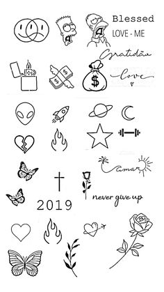 the back side of a poster with many different tattoos on it, including flowers and hearts