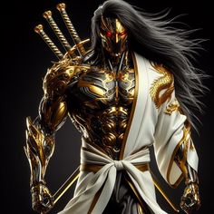 an action figure wearing gold armor and holding two swords in one hand, with long black hair