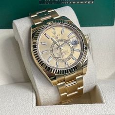 Rolex Sky-Dweller Listing: $55,995 Rolex 2023 326938 Sky-Dweller Yellow Gold Champagne Stick Dial..., Reference number 326938; Yellow gold; Automatic; Condition Unworn; Year 2023; Watch with origin Boston Garden, Pretty Watches, Sky Dweller, Gold Champagne, Rolex Models, Authentic Watches, Yellow Gold Bracelet, Billionaire Lifestyle, Gold Case