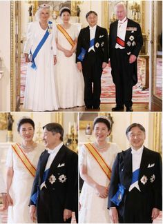 four pictures of people in formal dress and tiaras standing next to each other, all smiling