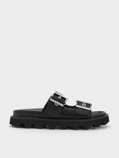 For the modern style maven who loves to go bold with her everyday accessories, these Trill slides will be a delight. Featuring a black finish and thick, buckled grommet straps, this is an elevated version of the classic sandal style. The straps are also adjustable to ensure a secure and comfortable fit for all-day wear. Cooler Aesthetic, Double Strap Sandals, Sandal Style, Brand Collaboration, Size Chart For Kids, Faux Leather Heels, Charles Keith, Everyday Accessories, Sandal Fashion