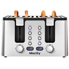 a silver toaster with four hot dogs on it's top and the words mecty written in blue