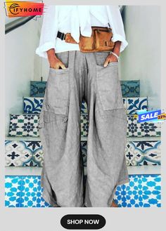 Women Casual Cotton Solid Pockets Pants Gray Cargo Pants For Summer, Gray Summer Cargo Pants, Summer Gray Cargo Pants, Spring Gray Wide Leg Pants With Pockets, Baggy Gray Pants Solid Color, Baggy Solid Color Gray Pants, Baggy Solid Gray Pants, Baggy Gray Pants For Spring, Spring Gray Harem Pants With Pockets