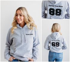 "Personalized team/sport/group/bachelor/bachelorette hoodies. We can create any design for your group. Please reach out before placing your order and specify what you would like to have on the front and back of your hoodie.  How to order: 1. Enter Your Text 2. Enter Your Text Color 4. Enter Logo Placement 5. If you want Photo&Logo printing, please send it through ETSY messages EX: 1. Team name 2. Player number  3. 3 4. Full front We usually send proof before printing, you will be able to make a change to the design or approve. If you want Photo&Logo printing, please send it through ETSY messages Back side printing is additional fees, please order \"Printing Upgrade\" for Back side printing. Sleeve printing is additional fees, , please order \"Printing Upgrade\" for Sleeve printing. Customi Athletic Heather Hoodie With Letter Print For Sports, Team Spirit Fleece Hoodie, Team Spirit Fleece Hoodie With Team Name, Customizable Team Spirit Sweatshirt For Winter, Customizable Fan Apparel Hoodie For Sports Events, Customizable Winter Hoodie For Sports Events, Customizable Winter Sports Event Hoodie, Crew Neck Hoodie For Team Events In Winter, Branded Hoodie For Sports Events In Winter