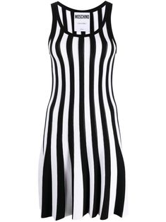 black/white ribbed knit vertical stripe pattern scoop neck sleeveless flared hem above-knee length unlined Doctor Outfit, Moschino Dress, Black And White Striped Dress, Tank Dresses, Fashionably Late, Halloween Time, Fame Dr, Airport Fashion, Vestido Casual