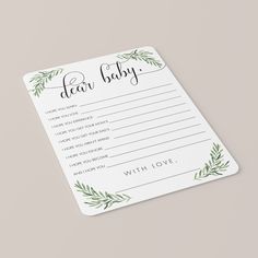 a card with the words dear babies written in cursive writing and green leaves