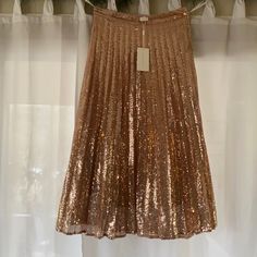 A-Line Gold Sequined Midi Cocktail Pleated Skirt Nwt Rose Gold Pleated Has Zipper Pink Festive Skirt For Spring, Festive Pink Skirt For Spring Season, Festive Pink Skirt For Spring, Champagne Skirt, Lace Top Wedding, Tiered Midi Skirt, Paris Trip, Lace Midi Skirt, Knit Midi Skirt