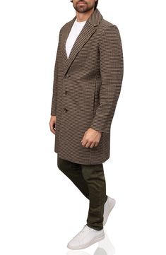 Classic and comfortable, this softly felted topcoat patterned in a houndstooth check features a touch of wool and a full lining for enhanced protection against the cold. Front button closure Notched lapels Side-seam pockets Lined Back vent 90% polyester, 10% wool Dry clean Imported Winter Tweed Outerwear With Houndstooth Pattern, Classic Tweed Houndstooth Outerwear, Classic Tweed Outerwear With Houndstooth Pattern, Tailored Houndstooth Outerwear For Winter, Classic Houndstooth Outerwear For Business Casual, Winter Business Tweed Jacket With Houndstooth Pattern, Winter Business Houndstooth Tweed Jacket, Brown Houndstooth Tweed Jacket For Winter, Winter Brown Houndstooth Tweed Jacket