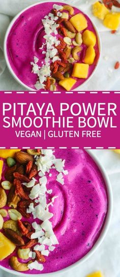 two bowls filled with purple smoothie and topped with chopped fruit, nuts and coconut