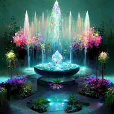 a colorful fountain surrounded by trees and flowers