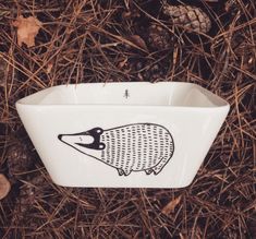 a white bowl with an image of a hedgehog on it