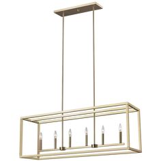 a large rectangular light fixture with four lights hanging from the bottom, and three candles on each end