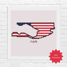 a cross stitch pattern with the word miami in red, white and blue on it