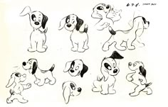 some cartoon dogs with different expressions on their faces and body, all in black and white