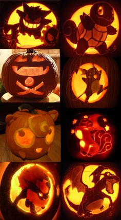 pumpkins carved to look like cats and kittens are lit up in the dark