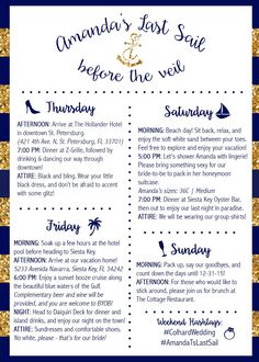 a blue and gold striped wedding program with an anchor on it, in the middle