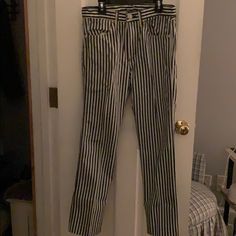 Striped Denim Like Rag & Bone Pants Striped Fitted Wide Leg Jeans, Striped Fitted Straight Leg Jeans, Chic Striped High Rise Pants, Chic High Rise Striped Pants, Striped Straight Leg Jeans For Work, Chic Striped Straight Leg Jeans, Vintage Striped Straight Leg Bottoms, Chic Striped Fitted Jeans, Bone Pants