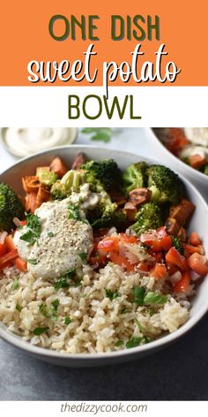 one dish sweet potato bowl with broccoli, carrots and rice in it