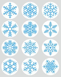 six snowflakes are shown in blue and white