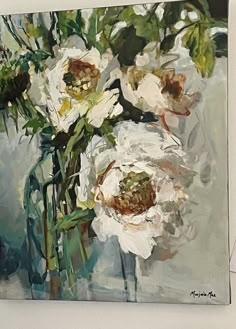 an oil painting of white flowers in a vase