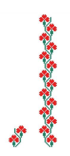 a cross stitch pattern with red flowers in the center and green stems on each side