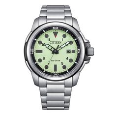 This Citizen Sea Land collection men's watch has a stainless steel barrel shaped case. The bracelet is made of stainless steel with double safety clasp. Dialluminous G300 offers legibility in any environment, green color, hands and markings with luminous. ABS steel fixed bezel. Mineral crystal, Eco Drive J810 movement with 8 months power reserve and analog display. Water resistance: 10 ATM. Diameter: 44 mm. Functions: Three hands and calendar. Green Watches With Metal Dial For Outdoor, Green Outdoor Watches With Metal Dial, Green Outdoor Watch With Metal Dial, Green Stainless Steel Watch Accessories With Round Dial, Green Stainless Steel Watch Accessories, Green Modern Watches With Subdials, Modern Green Chronograph Watch, Modern Green Watch Accessories With Rectangular Dial, Modern Green Watch Accessories