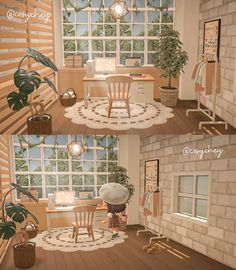 three different views of a living room and dining area in an animated style with wood flooring