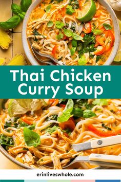 thai chicken curry soup in a bowl with chopsticks