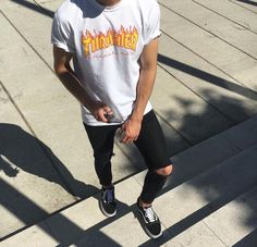 Thrasher Outfit, Aesthetic Male Outfits, Satin Skater Dress, Black T Shirt Men, Thrasher Shirt, Casual Trendy Outfits, Thrasher Magazine, White Jeans Men