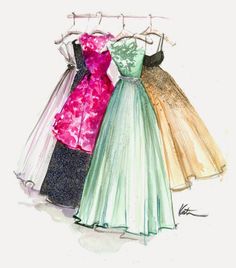 an image of two dresses hanging on a clothes rack with the caption's name below it